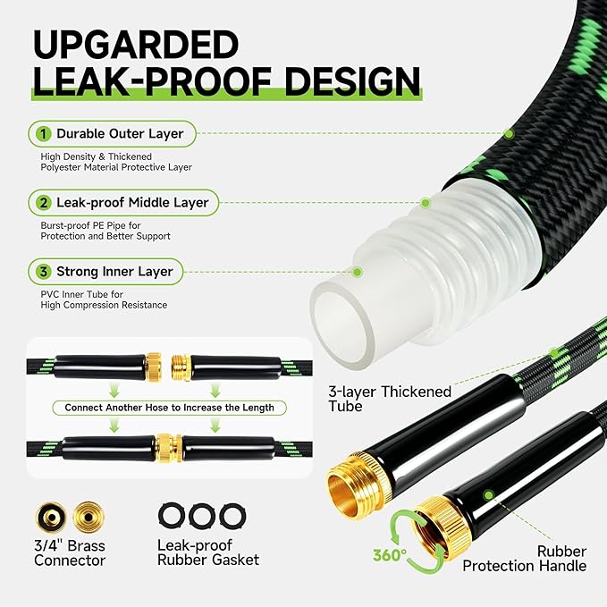 Garden Hose 100 ft Flexible Water Hose Non-Expanding Lightweight Kink-Free Hoses Durable Leak-Proof High Pressure Pipe with 3/4” Brass Fitting 10 Function Nozzle for Outdoor Yard Lawn Car Wash