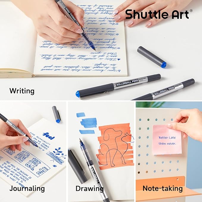 Shuttle Art RollerBall Pens, 25 Pack Blue Fine Point Roller Ball Pens, 0.5mm Liquid Ink Pens for Writing Journaling Taking Notes School Office