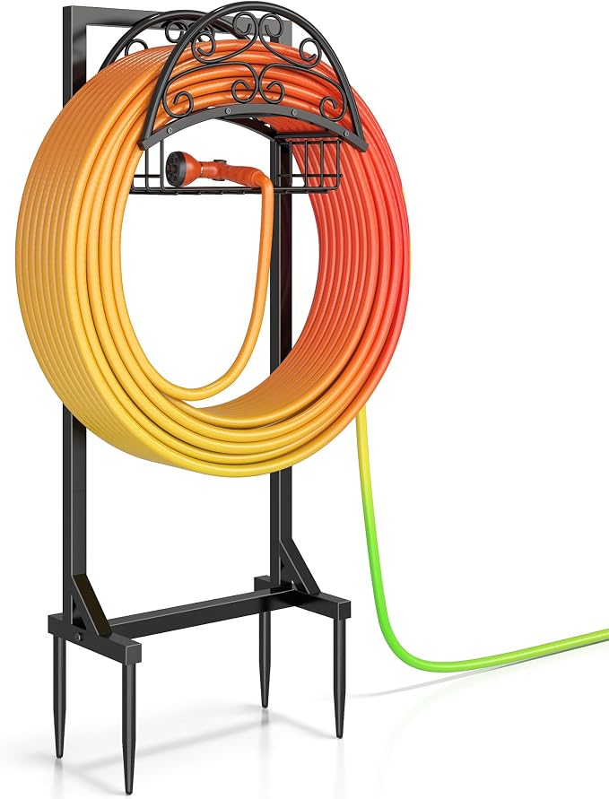 Garden Hose Holder â Freestanding Water Hose Stand with Storage Basket, Sturdy Metal Hanger Heavy-Duty Garden Storage Rack for Outside, Supports 151FT