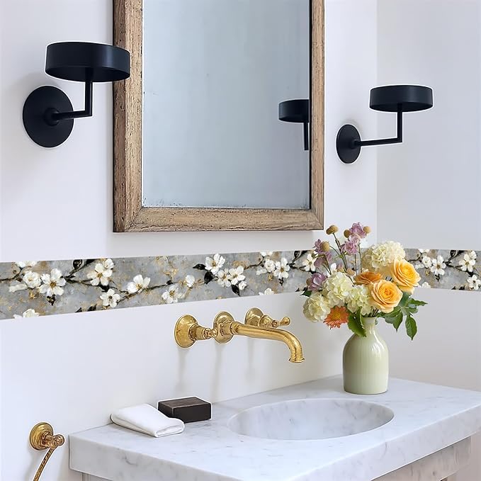 Cherry Blossom Wallpaper Border 196x4 Inch Peel and Stick Wall Border Gray