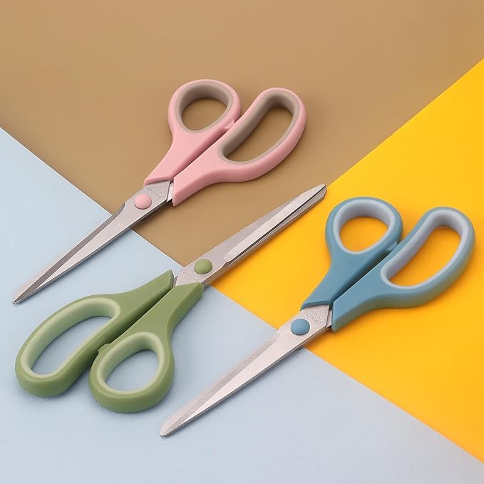 LONGKEY Scissors 8.5 Inch scissors all purpose Bulk Set of 3, Scissors for Office Home School Craft Supplies, Soft Comfort-Grip Right/Left Hand