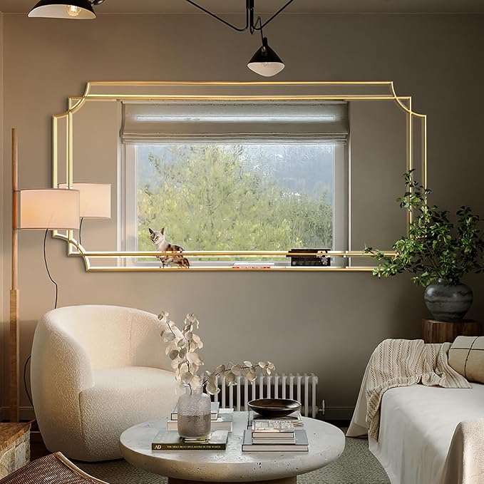 HQiJun Gold Full Length Mirror for Wall, Polished Bevelled Rectangle Mirror