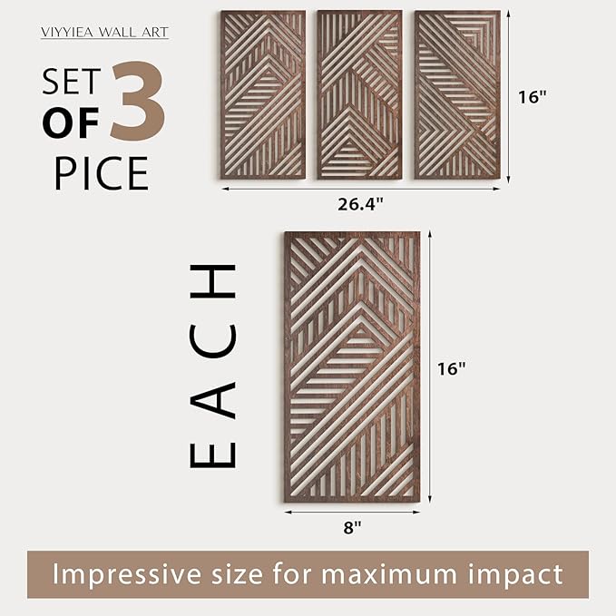 VIYYIEA Boho Solid Wood Carved Wall Art Set of 3, Geometric Minimalist Wooden