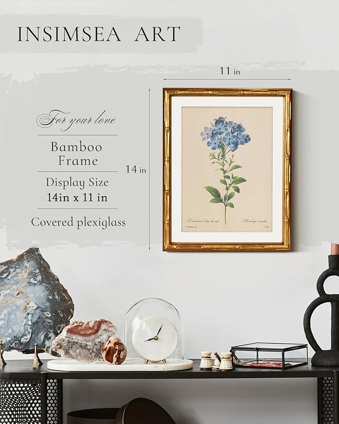 InSimSea Gold Bamboo Framed Canvas Wall Art, Vintage Minimalist Blue Botanical