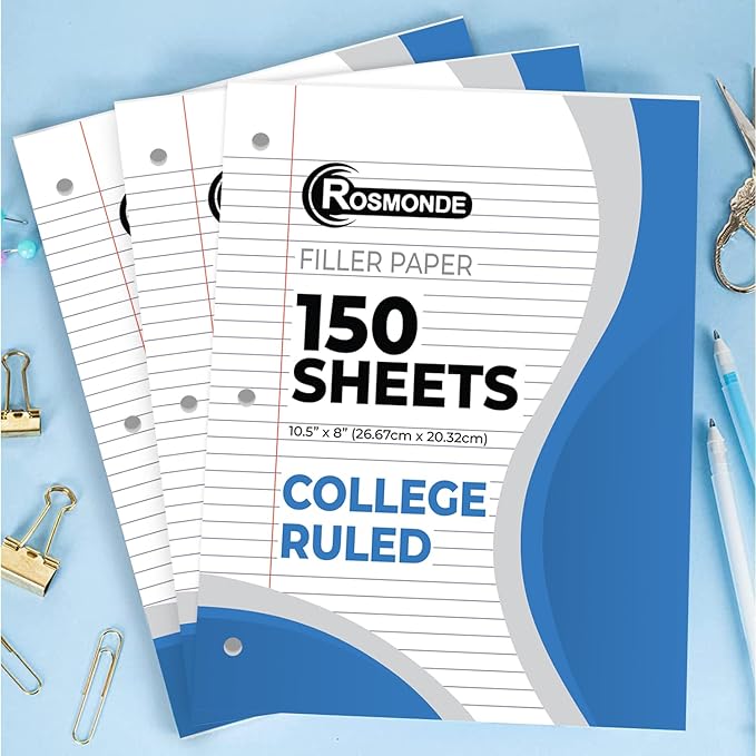 Rosmonde Bulk Loose Leaf Paper, 3600 Sheets, College Ruled, Bulk Filler Paper for Office, 8 x 10.5", 3 Hole Punched, 56 Gsm Thick Sheets, 24 Pack, 150 Sheets/Pack, Bulk Notebook Sheet for School