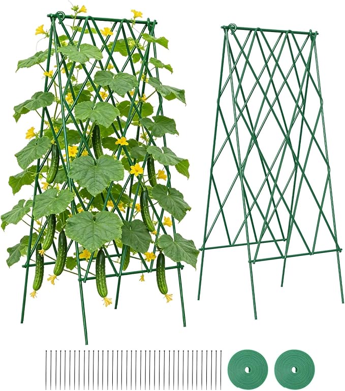 Suteck Cucumber Trellis 39.2" 2 Pack A-Frame â Foldable Metal Garden Trellis for Cucumbers, Peas, Beans & Climbing Plants, No Assembly Required Plant Support, Ideal for Raised Beds, Patios & Backyards