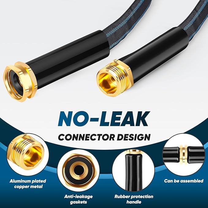 Garden Hose 50ft, Non-Expanding Water Hose, Flexible Ultra-Light, Anti-Kink, Wear-Resistant, Portable, Easy Storage, Hose with 3/4 for Outdoor, Garden, Yard and Lawn, Black Lake Blue