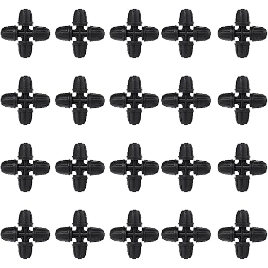 Drip Irrigation Fittings for 1/4 inch Tubing (0.16" ID x 0.28" OD), 20 Pcs Anti-Drop Locked Barbed Reducing 4-Way Coupling for Drip Line Connectors