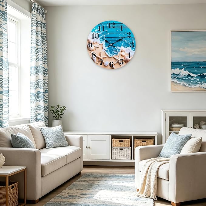 Indoor/Outdoor Clocks Waterproof, Glass Rustic Beach Decor Wall Clock