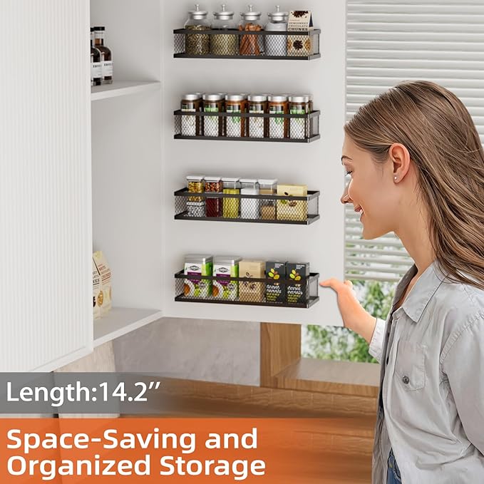 Spice Rack Wall Mount, 4 Pack Pantry Door Organizer & Hanging Storage Baskets