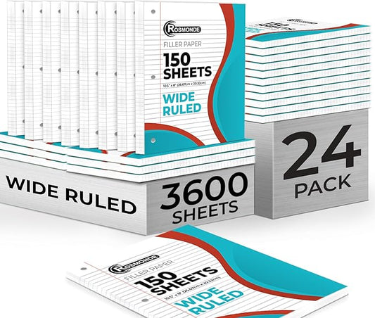 Rosmonde Loose Leaf Paper Bulk, 3600 Sheets, Wide Ruled, 8 x 10.5", Bulk Filler Paper for Office, 56 Gsm Thick Sheets, 3 Hole Punched for Binders, 24 Pack, 150 Sheets/Pack, Notebook Papers, White