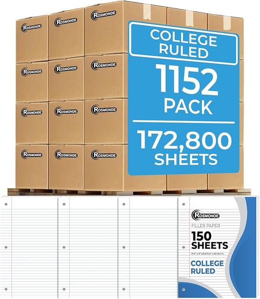 Rosmonde 1152 Pack (Pallet) Loose Leaf Paper Bulk, 172800 Sheets,College Ruled, Pallet of Filler Paper, 150 Sheets/Pack, 8 x 10.5",3 Hole Punched, 56 Gsm Thick Sheet, School & Office, 4-7 Days Transit