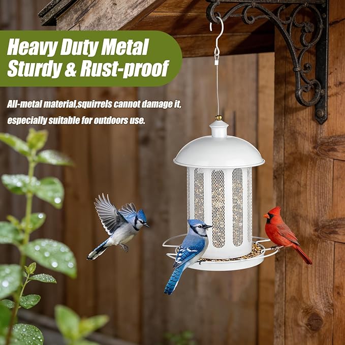 Bird Feeder, Large Capacity Bird Feeders for Outdoor Hanging, Heavy Duty Metal Wild Birdfeeder for Outside Garden Yard Decor, Retro Lantern Shape (White)