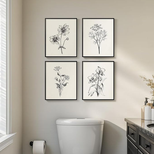 Framed Black and White Bathroom Wall Art, 4 Piece Vintage Floral Canvas Prints