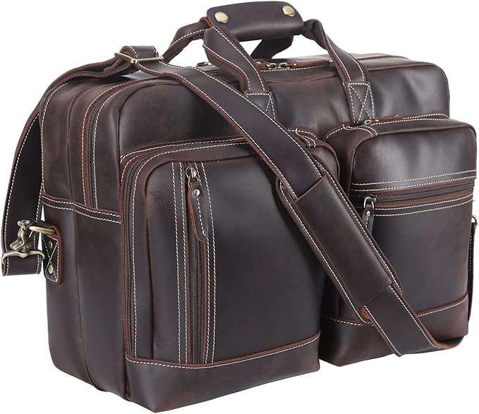 Leather Briefcase for Men Expandable Large 17 Inch Laptop Crossbody Shoulder Bag Business Travel Duffel Attache Case