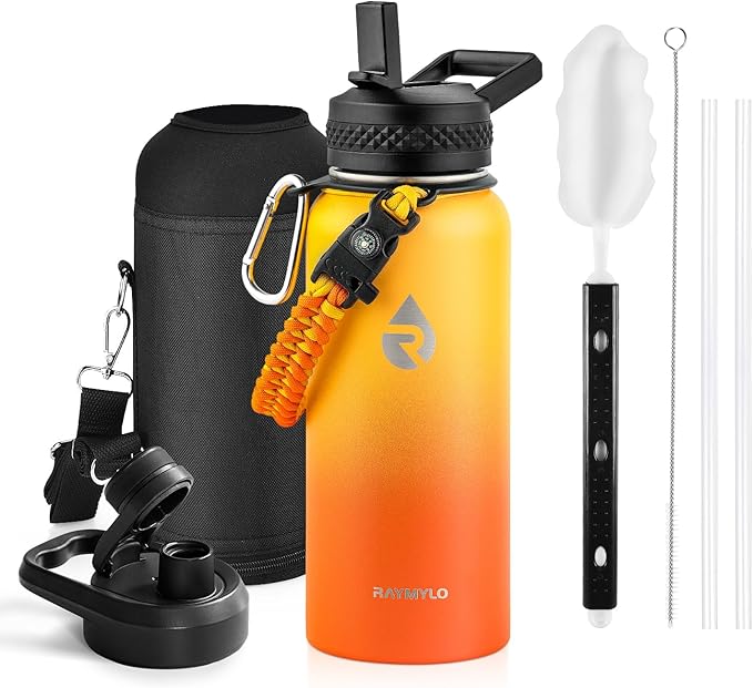 Insulated Water Bottle 32 oz, Triple Wall Vacuum Stainless Steel (Cold for 48 Hrs), Leak Proof & Non-BPA, Modern Water Flask Jug with Paracord Handle & Straw Spout Lids, Ombre Orange