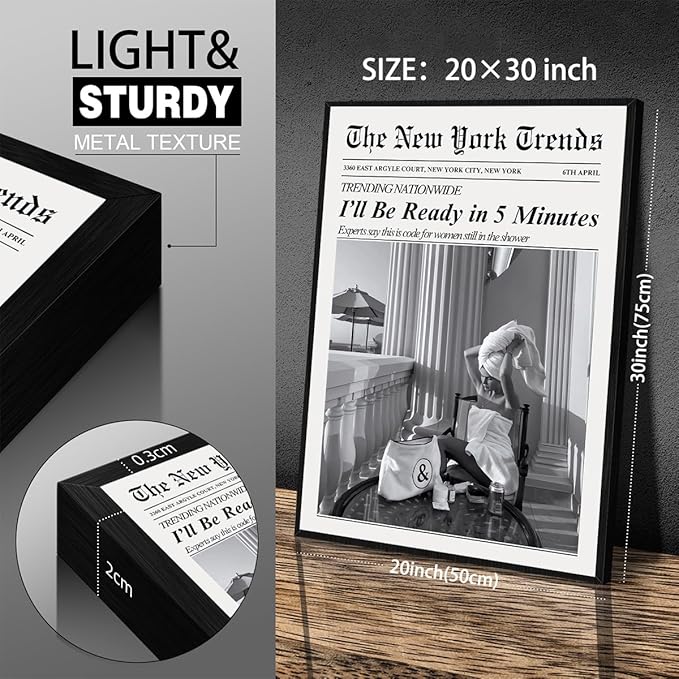 Vintage Newspaper Black Framed Wall Art Trendy Black and White Aesthetic