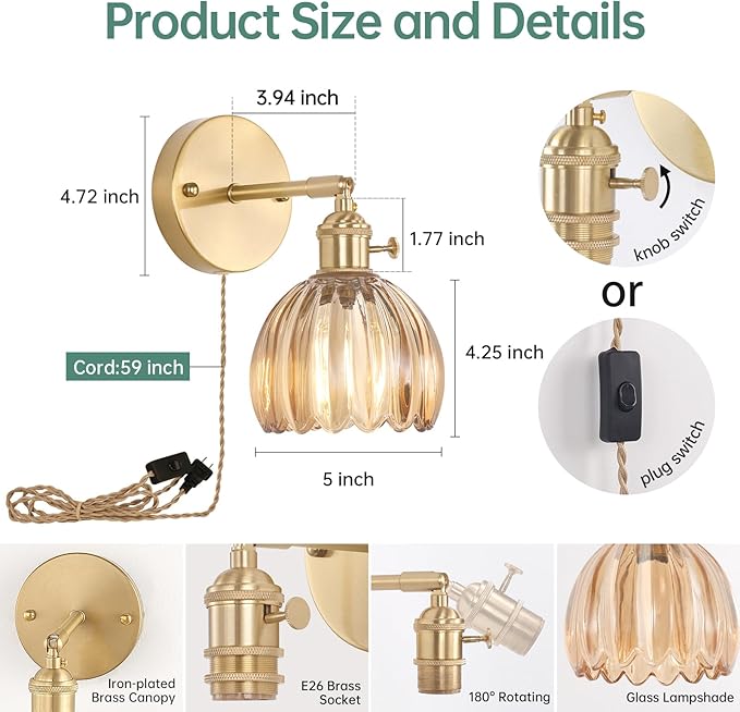 Shenmoyl Plug in Wall Sconce, Amber Tulip Glass Lampshade Wall Light Plugin