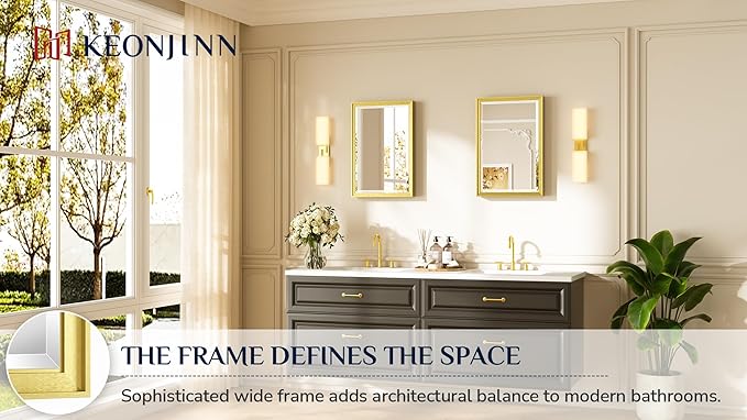 Keonjinn 16" x 24" Gold Bathroom Mirrors, Brushed Gold Framed Mirror, Beveled