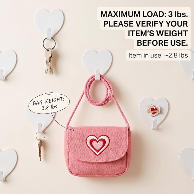 Heart Wall Hooks, 8 Pack, Cute White Decorative Accessories, Purse Hanger