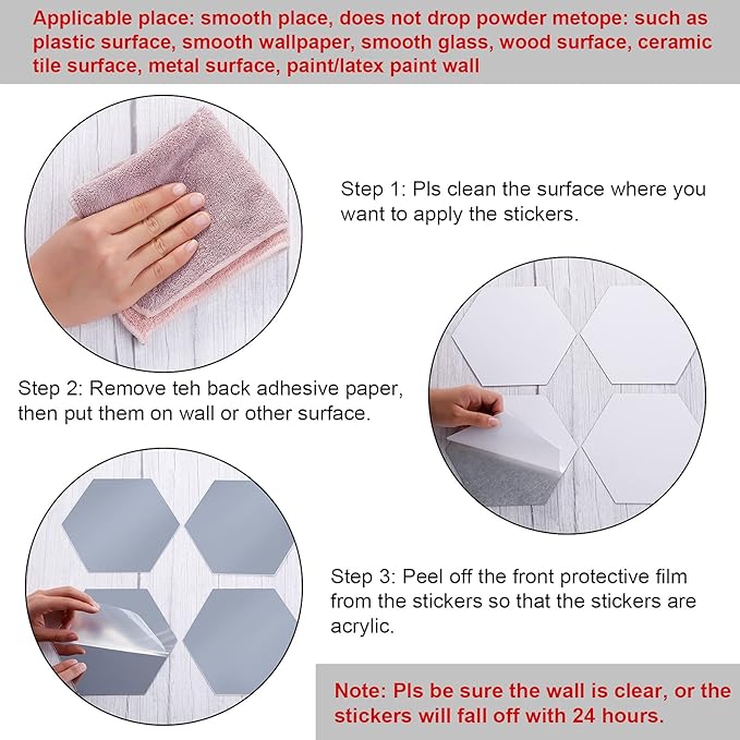Shappy 32 Pcs Hexagon Mirror Wall Stickers Removable Silver Acrylic Mirror