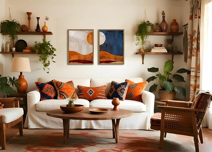 Framed Boho Sun and Moon Canvas Wall Art Set of 2, Vintage Western Desert