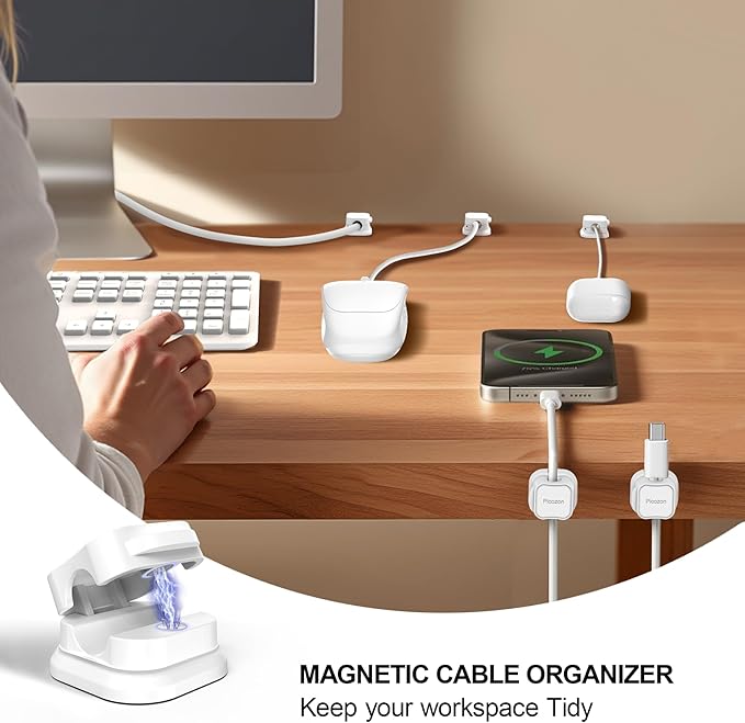 15 Pack Magnetic Cable Clip Organizer Cord Holder, Picozon Adhesive Cable Management, Wire Phone USB Charger Cable Holder, Keeper Organizer for Office Home Desktop Table - White