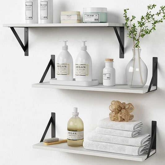 White Floating Shelves 24 inches Long Set of 3, 24 x 8 Inch Bathroom Wall