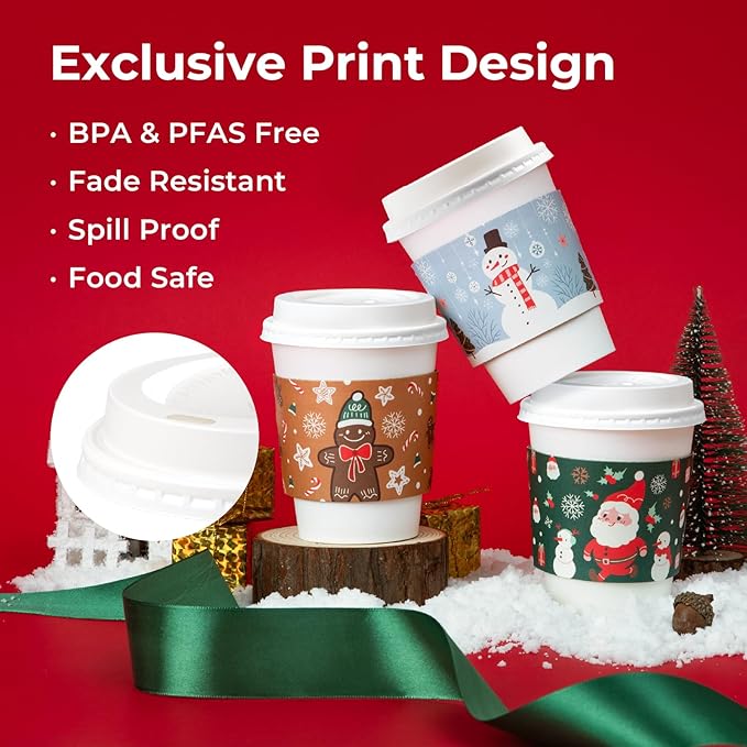 Fit Meal Prep 50 Pack 12 oz Christmas Disposable Coffee Cups with Lids, Sleeves, Leak-Proof To Go Coffee Cups with Lids, Durable Holiday Hot Paper Cups for Home, Office, Party, Business