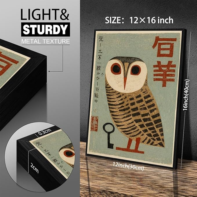 Vintage Japanese Black Framed Wall Art Owl Poster Mid Century Animal Print