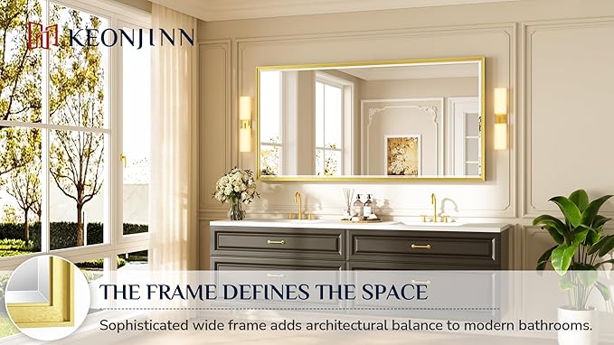 Keonjinn 72" x 36" Gold Bathroom Mirror, Decorative Metal Frame, Safe Beveled