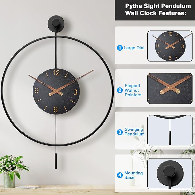 Pytha Sight Large Modern Wall Clock, 30.7× 20 Inch Big Metal Minimalist Arabic