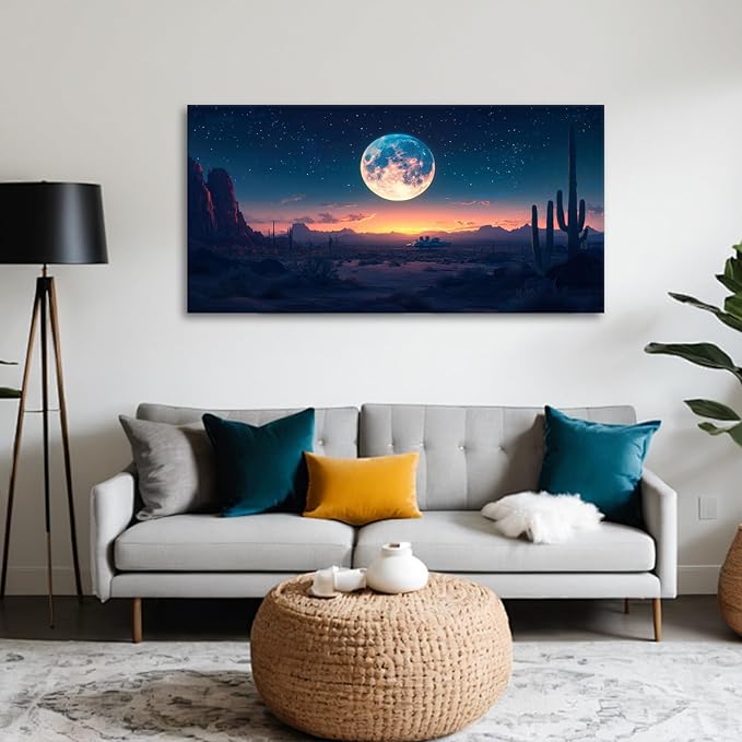 JLXART Landscape Wall Art Moon Desert Landscape Wall Art Night Wall Decor Cactus Canvas Prints Mountain Poster Pictures For Living Room 24X48inch
