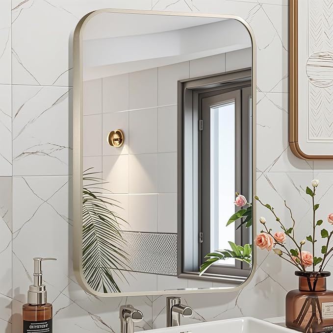26x38 Inch Brushed Nickel Bathroom Mirror, Framed Rectangle Mirror