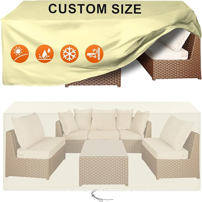 Patio Furniture Cover Rectangle 88"(L) x 32"(W) x 40"(H), Custom Heavy Duty 420D Waterproof Outdoor Cover with Drawstring & Buckles for Table Chair Garden, Cream