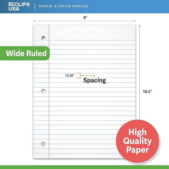 Wide Ruled Loose Leaf Paper Wide Ruled Notebook Paper Lined Writing Filler Paper 10.5” x 8” 56 gsm 5400 Sheets 150 Sheet Per Pack (36 Pack)