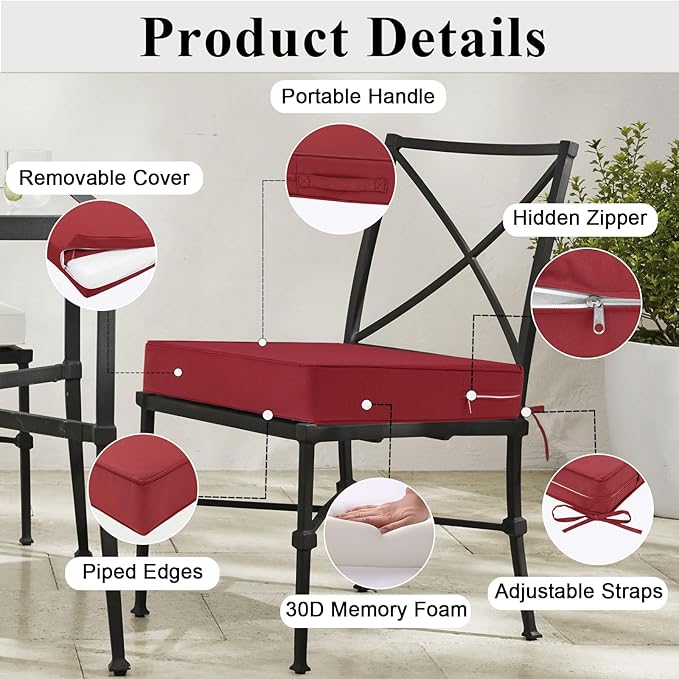 Outdoor Chair Cushions 19x19x4 Inch, Waterproof Red Patio Furniture Cushions Set of 2 with Ties & Handle, 3 Year Color Fastness Square Replacement Seat Cushions for Sofa, Couch