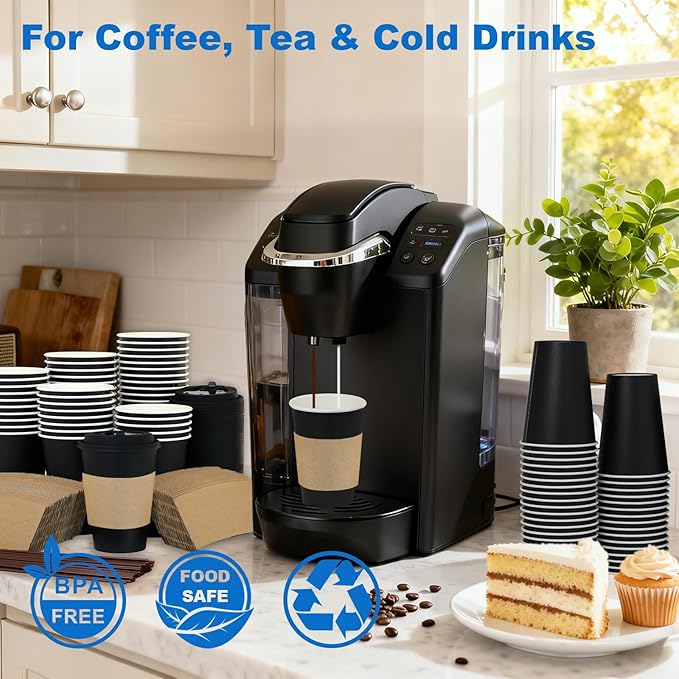 Coolcap 12 oz 500 Pack Coffee Cups with Lids and Sleeves, Straws, Hot Disposable To Go Travel Paper Cups Bulk for Office, Home Coffee Bar Accessories, Chocolate, Cocoa, Beverage (Black)