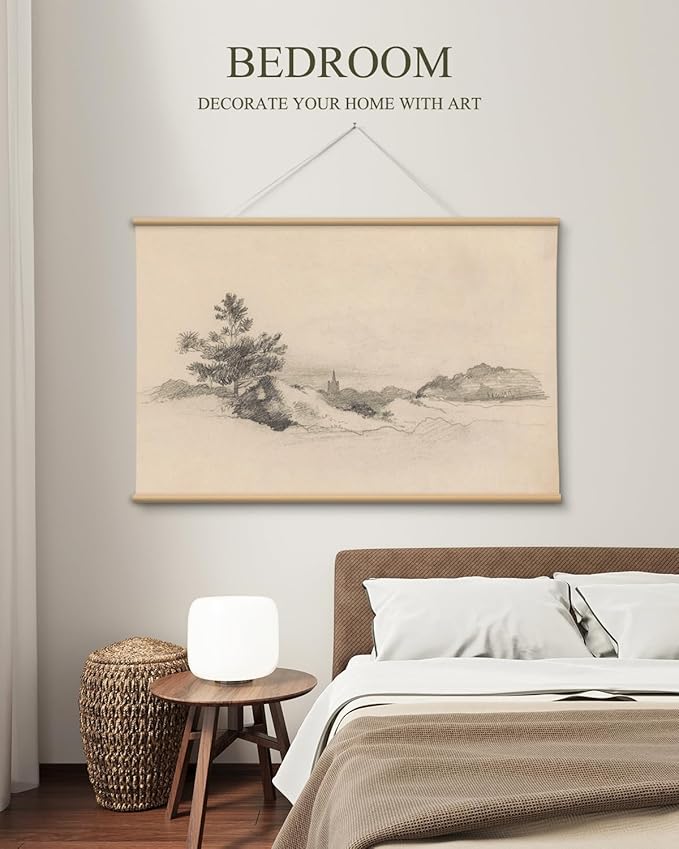 VIYYIEA Extra Large Canvas Wall Art, 36x54 Inch Vintage Pine Tree Landscape Hanging Scroll, Black and White Neutral Wall Decor for Living Room, Bedroom, Office
