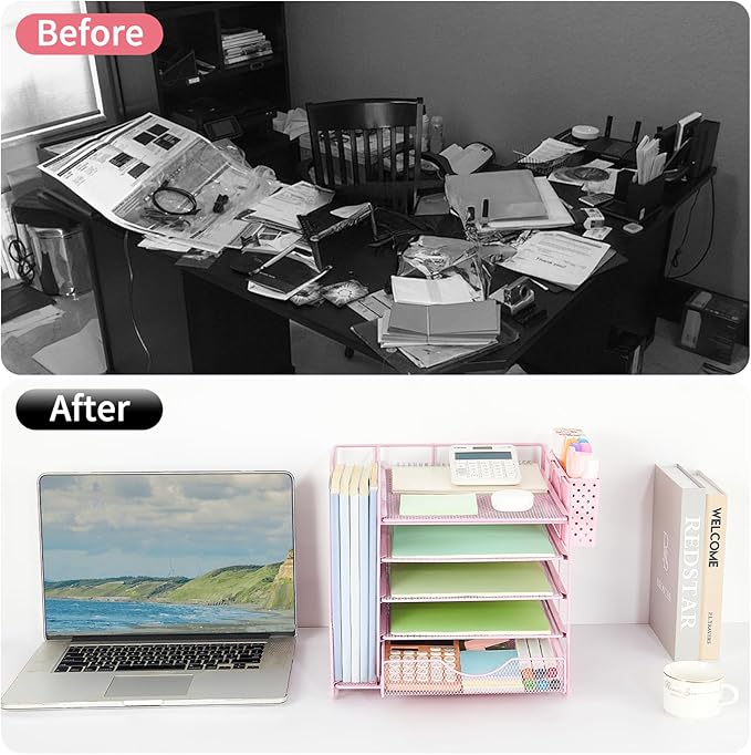 OUTIOE Desk Organizer with Drawer and Pen Holder, 5-Tier Paper Letter Tray Organizer with File Holder, Suitable for Workspace Organizer Office Supplies Storage (Pink)