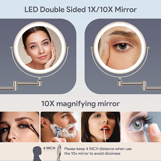 Rocollos Rechargeable Wall Mounted Lighted Makeup Mirror, 8 Inch Double-Sided