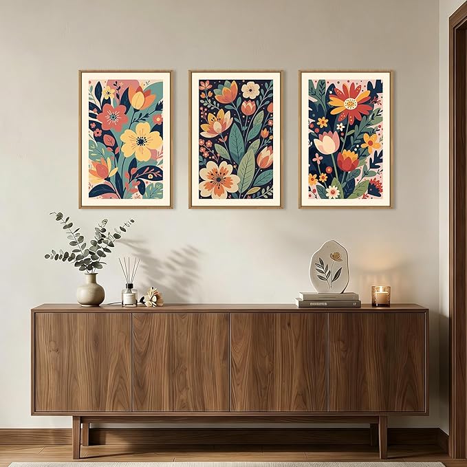 KAIRNE Vintage Colorful Floral Framed Canvas Wall Art Set,Mid Century Modern Flower Wall Decor,Retro Wildflower Art Prints,Boho Botanical Artwork for Living Room,Bedroom,Farmhouse,Office-24 x36 x3