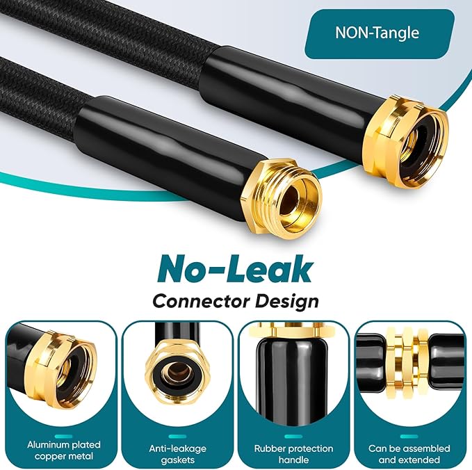 Garden Hose 100FT Non-Expanding, Lightweight Hose With 10-Function Nozzle, Leak-Proof No-Knot, Easy to Carry, Wear-Resistant, Sturdy 3/4GHT Flexible Water Hose for Outdoor (Black with Nozzle)
