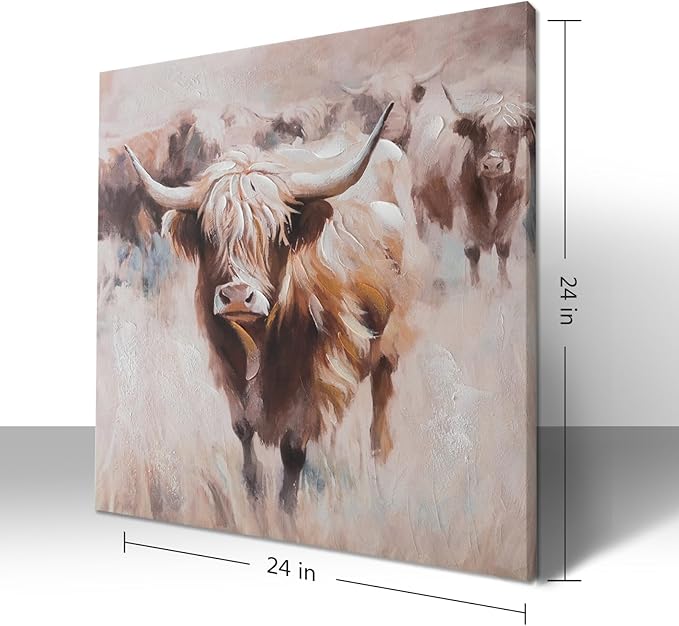 JolyWell Textured Highland Cow Canvas Wall Art Hand painted Farm Animals