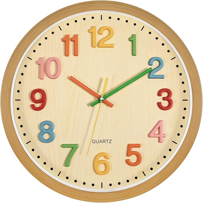 Foxtop Silent Kids Wall Clock Non-Ticking Battery Operated Colorful Childrens