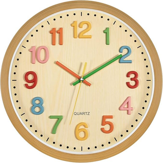 Foxtop Silent Kids Wall Clock Non-Ticking Battery Operated Colorful Childrens