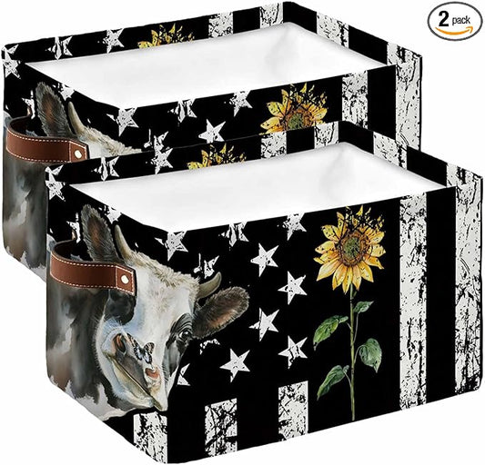 Vintage American Flag Storage Bins Cubes Waterproof Cloth Storage Basket, Farmhouse Cow Sunflowers Foldable Storage Bags for Shelf Closet Clothes Storages Organizers with Handles 15x11x9.5 in 2PCS