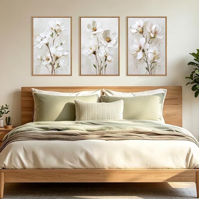 FWIEXA 3D Beige White Floral Canvas Wall Art Set 3,Texture Neutral Flower Framed Prints,Modern Abstract Aesthetic Botanical Paintings,16x24In Watercolor Minimalist Magnolia Artwork for Living Room,Bedroom,Office