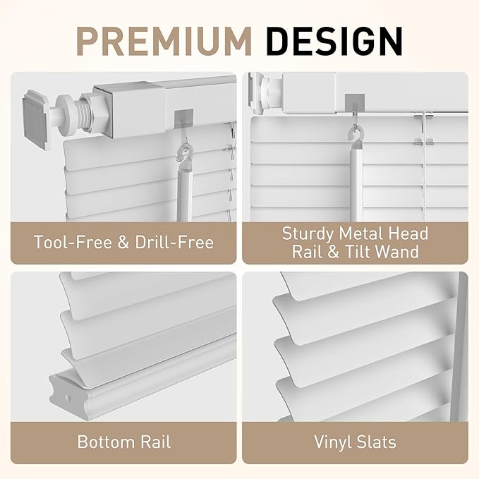 No Drill No Tool 1" Vinyl Mini Blinds, Light Filtering Horizontal Window Blinds