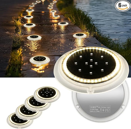 SHONELIGHTING Solar Driveway Lights, Super Bright 48 LED Disc Lights, Flat Low Profile IP67 Ground Lights Easy Install for Deck, Dock, Pathway, Patio, Walkway (Warm White, 6 Pack)